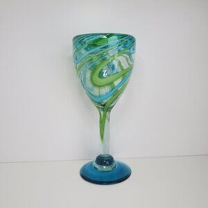 Hand Blown Stemmed Aqua Blue And Green Wine Glass With White Swirl - Mexico